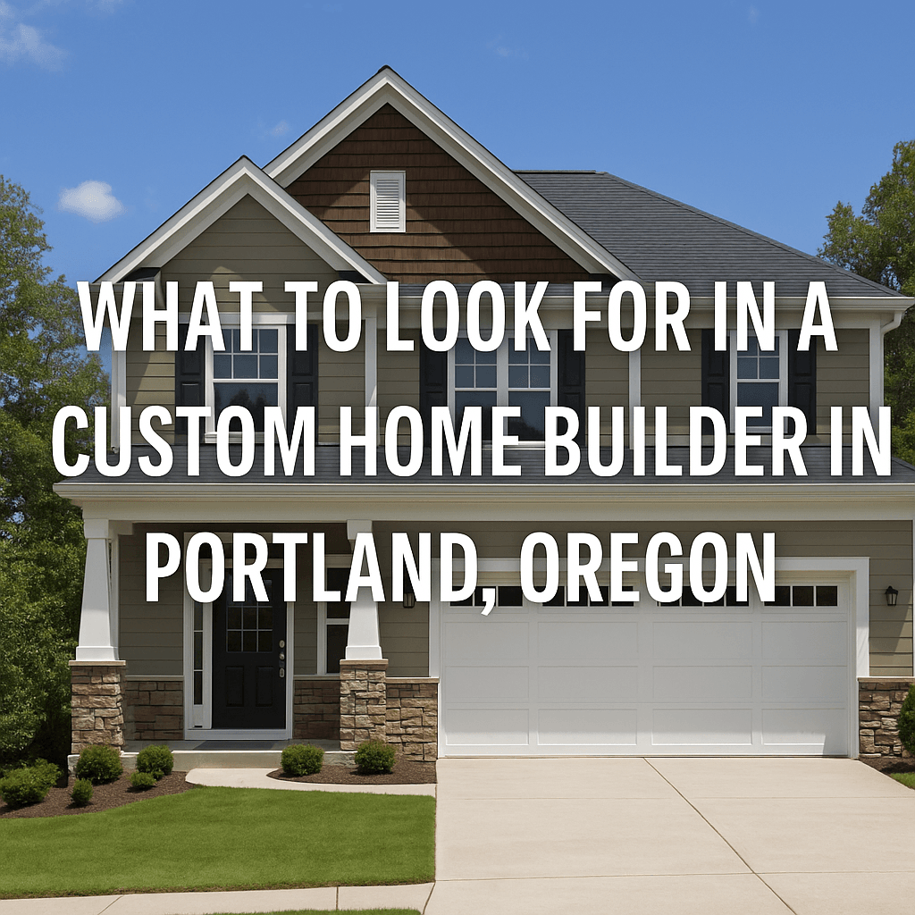 A modern custom home with natural wood and stone exterior, large front-facing windows, and landscaped yard in a Portland-area neighborhood. Used for a blog about choosing a custom home builder in Portland, Oregon