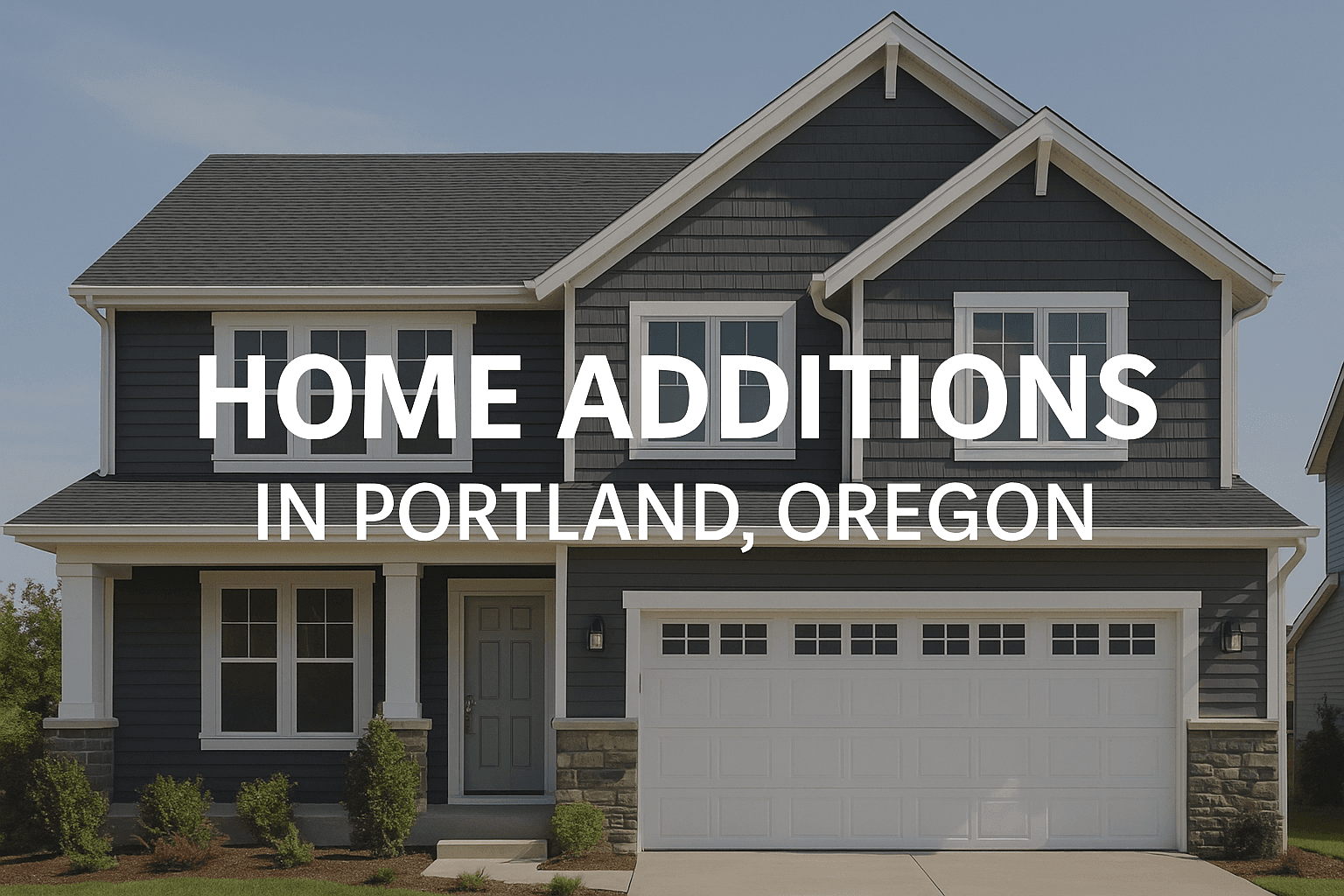 A modern Portland home with a newly completed second-story addition, featuring updated siding, large windows, and a landscaped yard — ideal for showcasing home expansion projects.