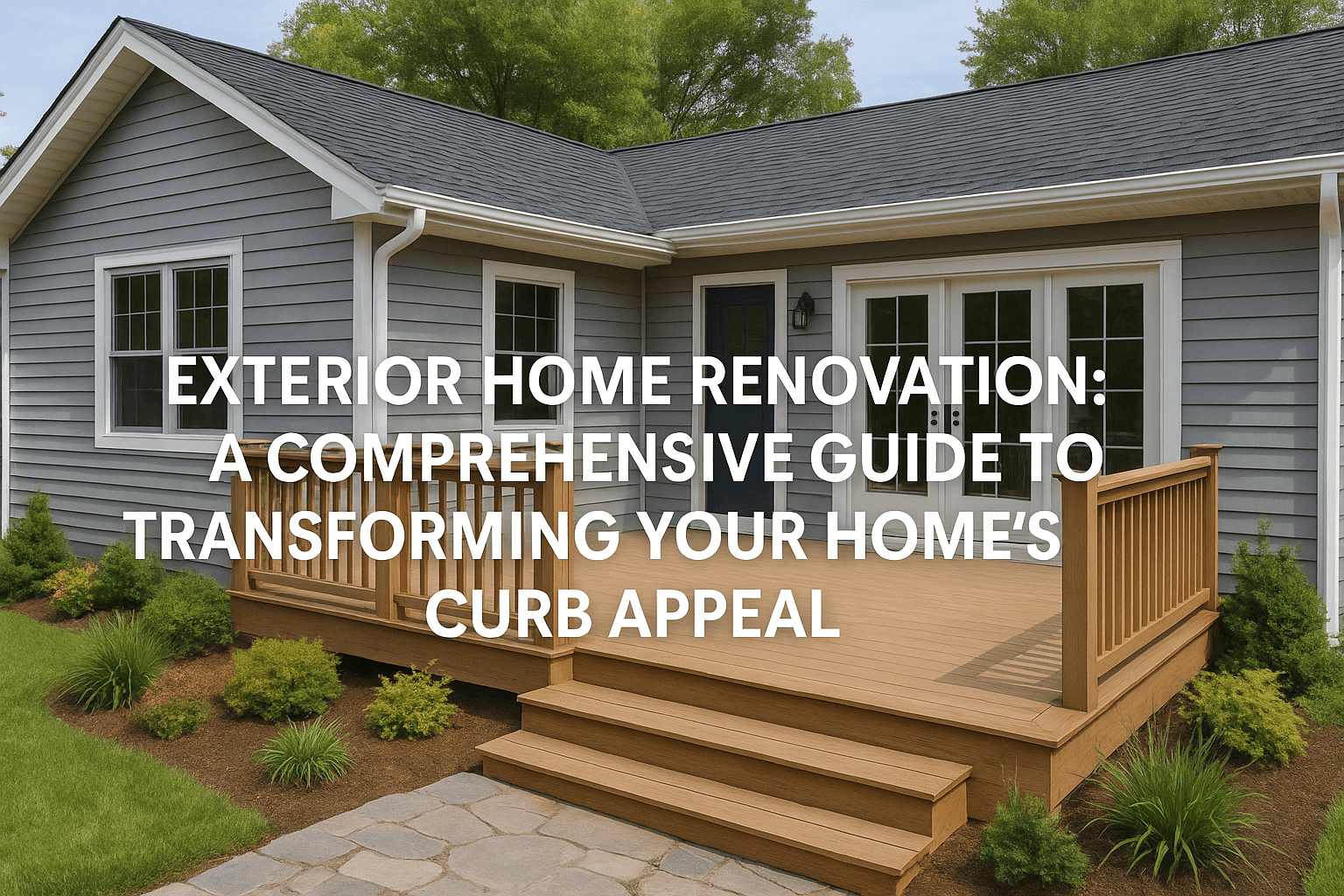 Landscape view of a gray-sided home with a new wooden deck and stone pathway, overlaid with bold white text reading Exterior Home Renovation: A Comprehensive Guide to Transforming Your Home’s Curb Appeal